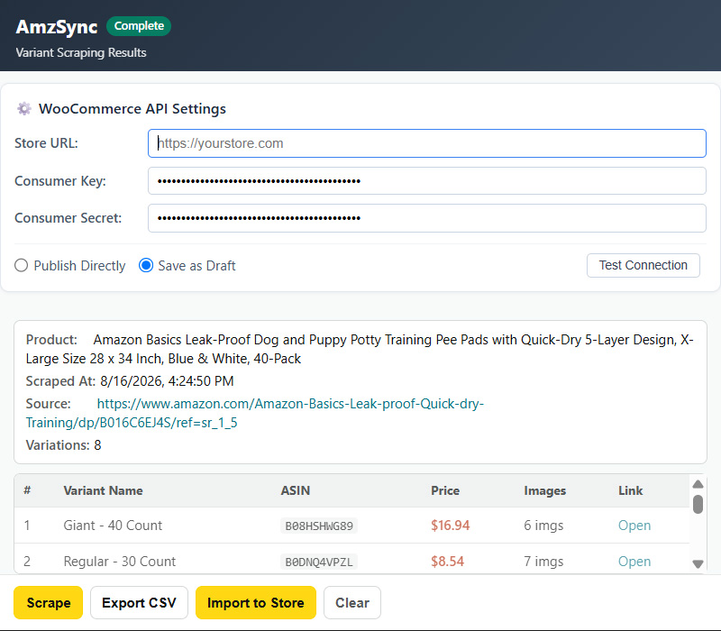 AmzSync Chrome extension showing scraped Amazon product variants ready to import into WooCommerce